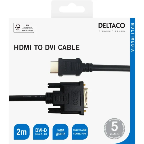 DELTACO Kabel HDMI to DVI ,1080p, DVI-D Single Link, 2m, CRNI 1