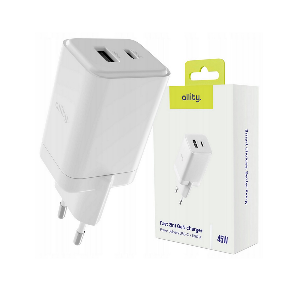 449678_oryg ALLITY zidni punjač GaN PD QC ATC-01-45WAC 1x USB-C 1x USB-A 45W bijeli - Slika 1